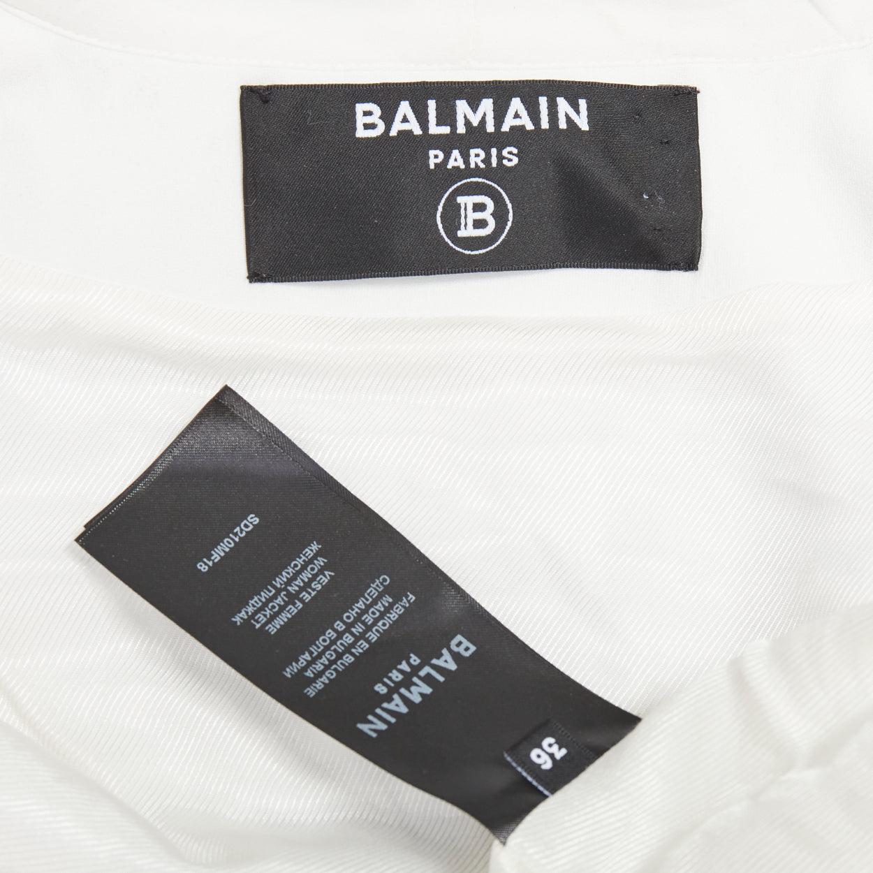 Balmain 2024 giacca in tweed di seta con maniche a bottoni di leone e fiocco di figa con piume FR36 S in vendita 5