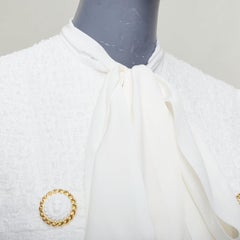 BALMAIN 2024 tweed silk sleeves lion buttons pussy bow feather jacket FR36 S