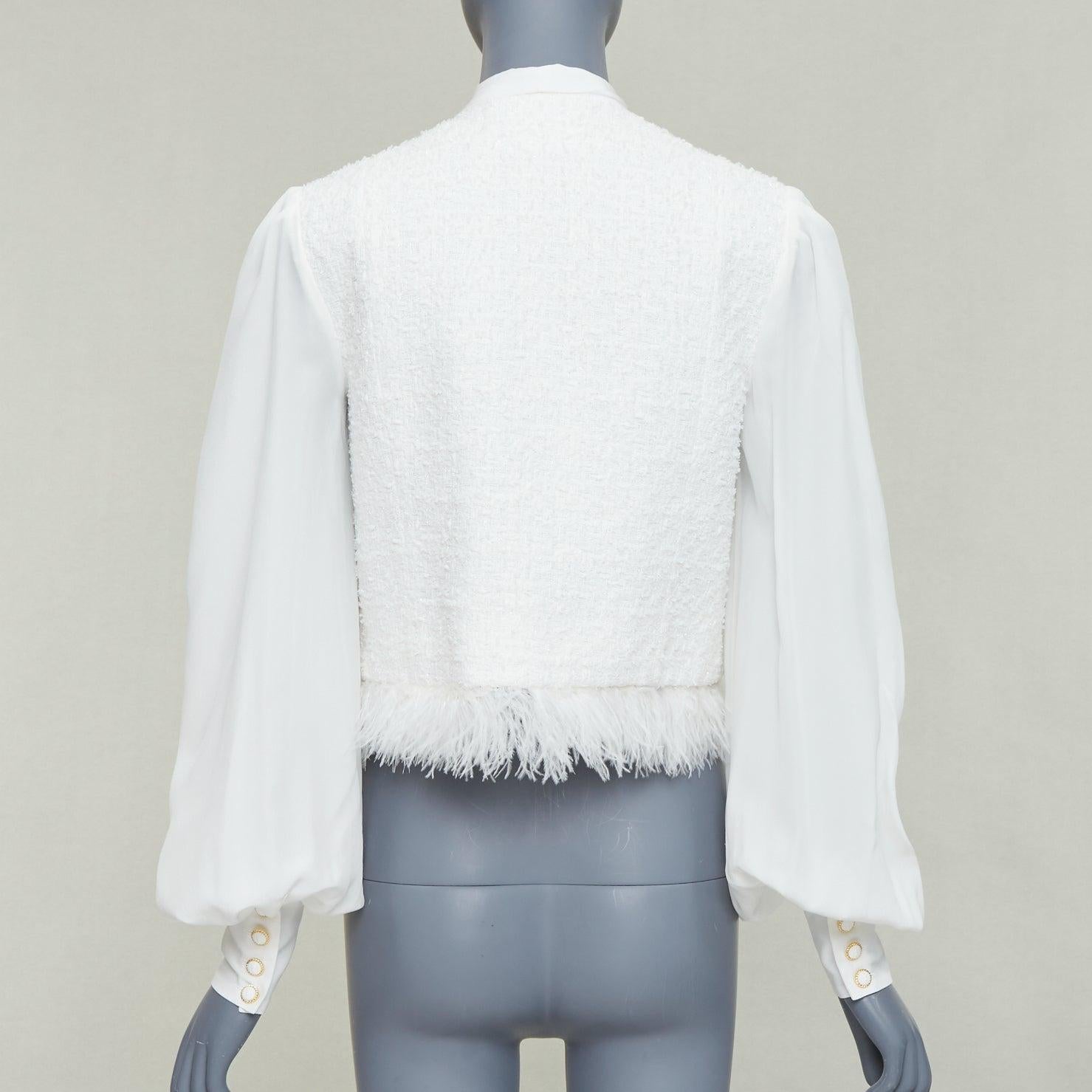 Balmain 2024 giacca in tweed di seta con maniche a bottoni di leone e fiocco di figa con piume FR36 S in vendita 1