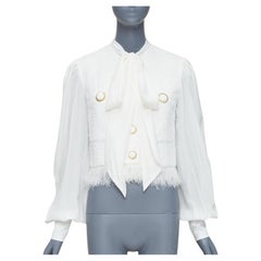 Balmain 2024 giacca in tweed di seta con maniche a bottoni di leone e fiocco di figa con piume FR36 S
