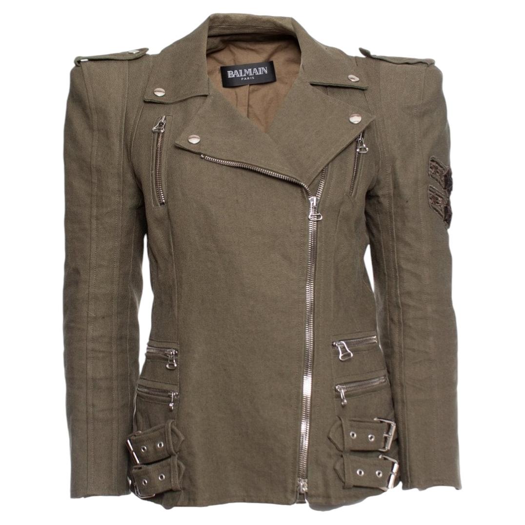 Balmain, Army green biker jacket For Sale