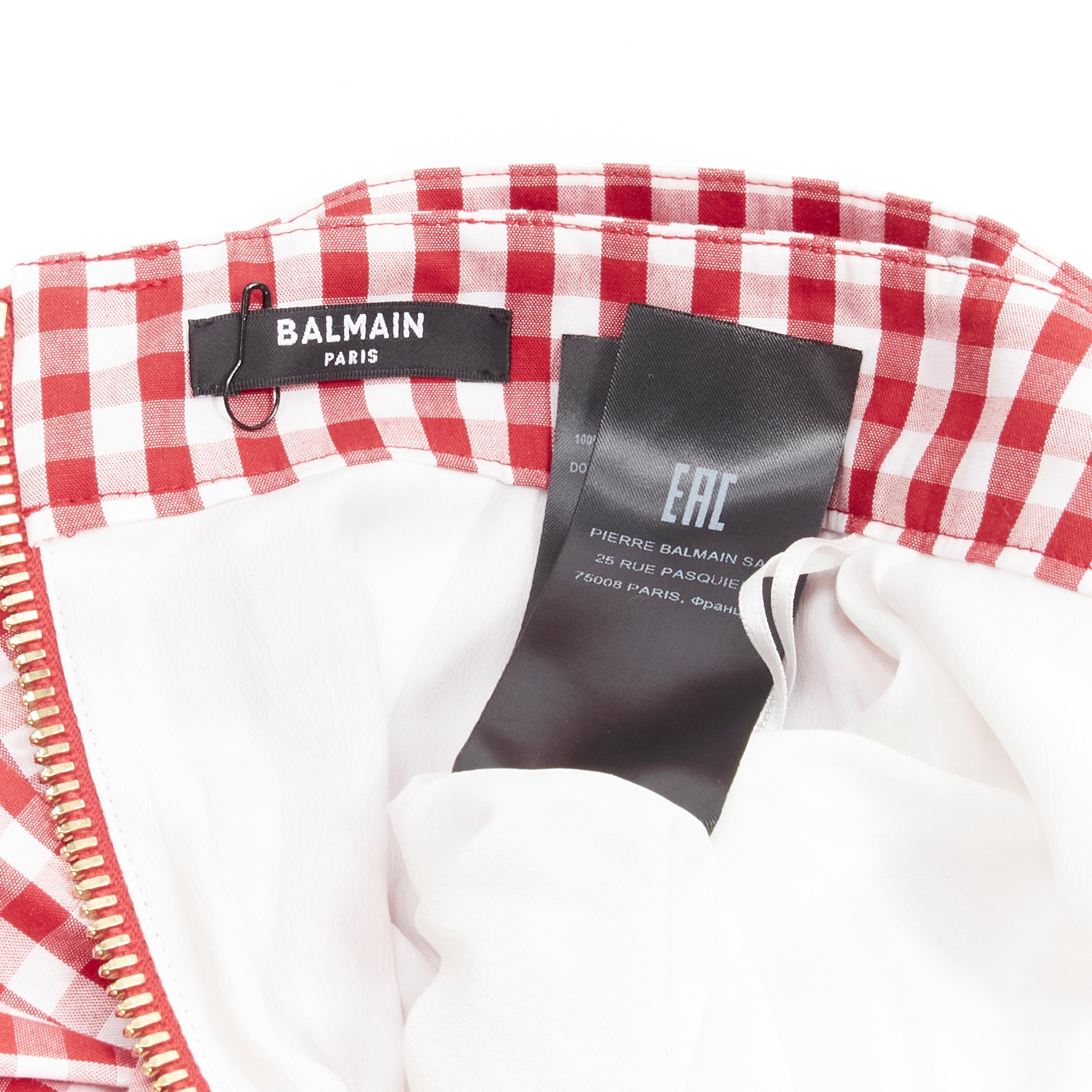 BALMAIN B logo buckle red white gingham ruffled cottage skirt FR34 XS For Sale 5