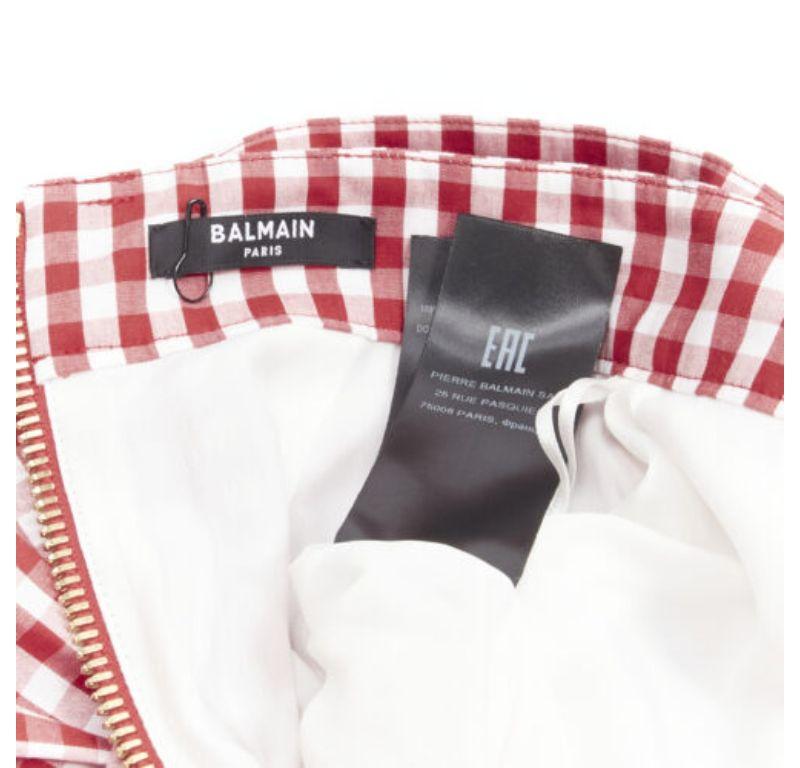 BALMAIN B logo buckle red white gingham ruffled cottage skirt FR34 XS For Sale 5