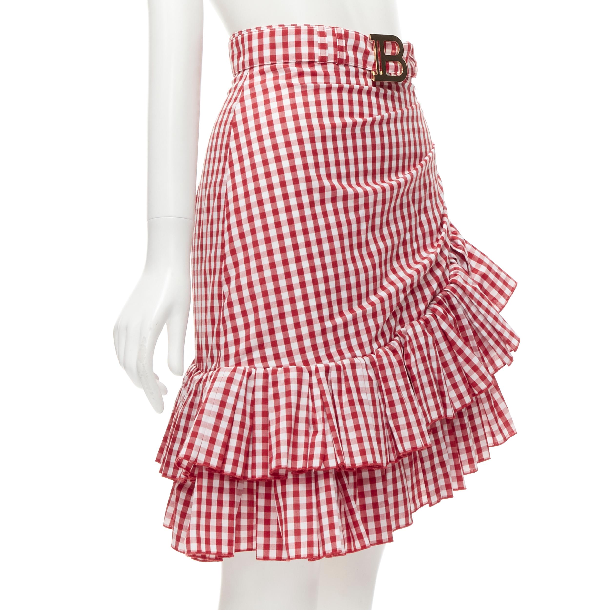 Beige BALMAIN B logo buckle red white gingham ruffled cottage skirt FR34 XS For Sale