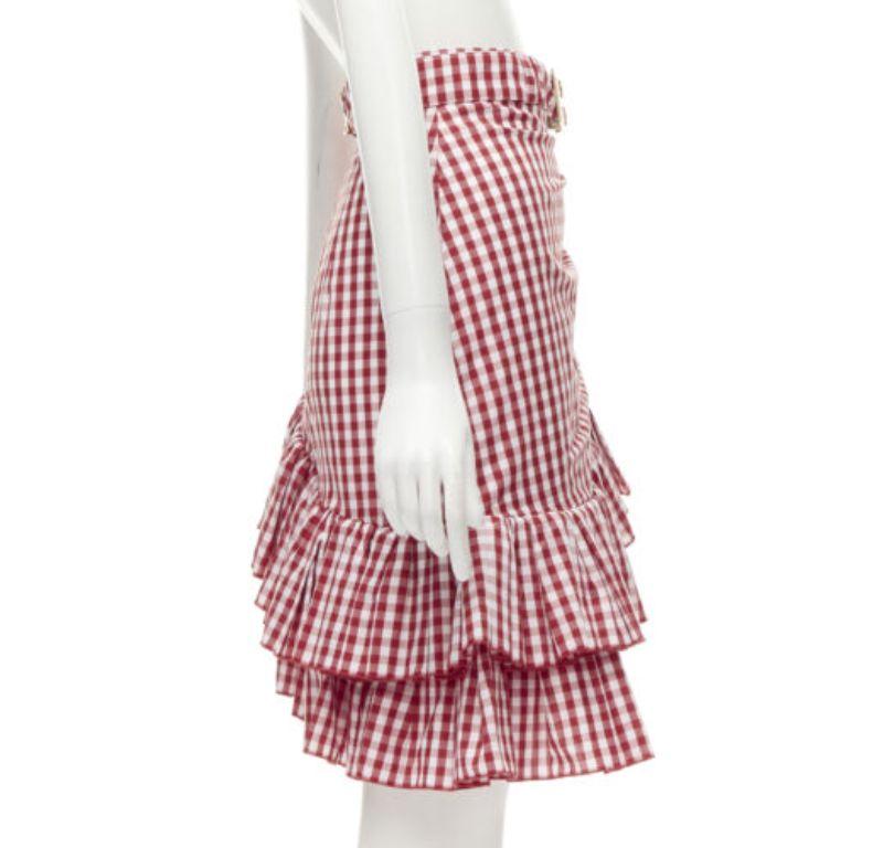 BALMAIN B logo buckle red white gingham ruffled cottage skirt FR34 XS In Excellent Condition For Sale In Hong Kong, NT