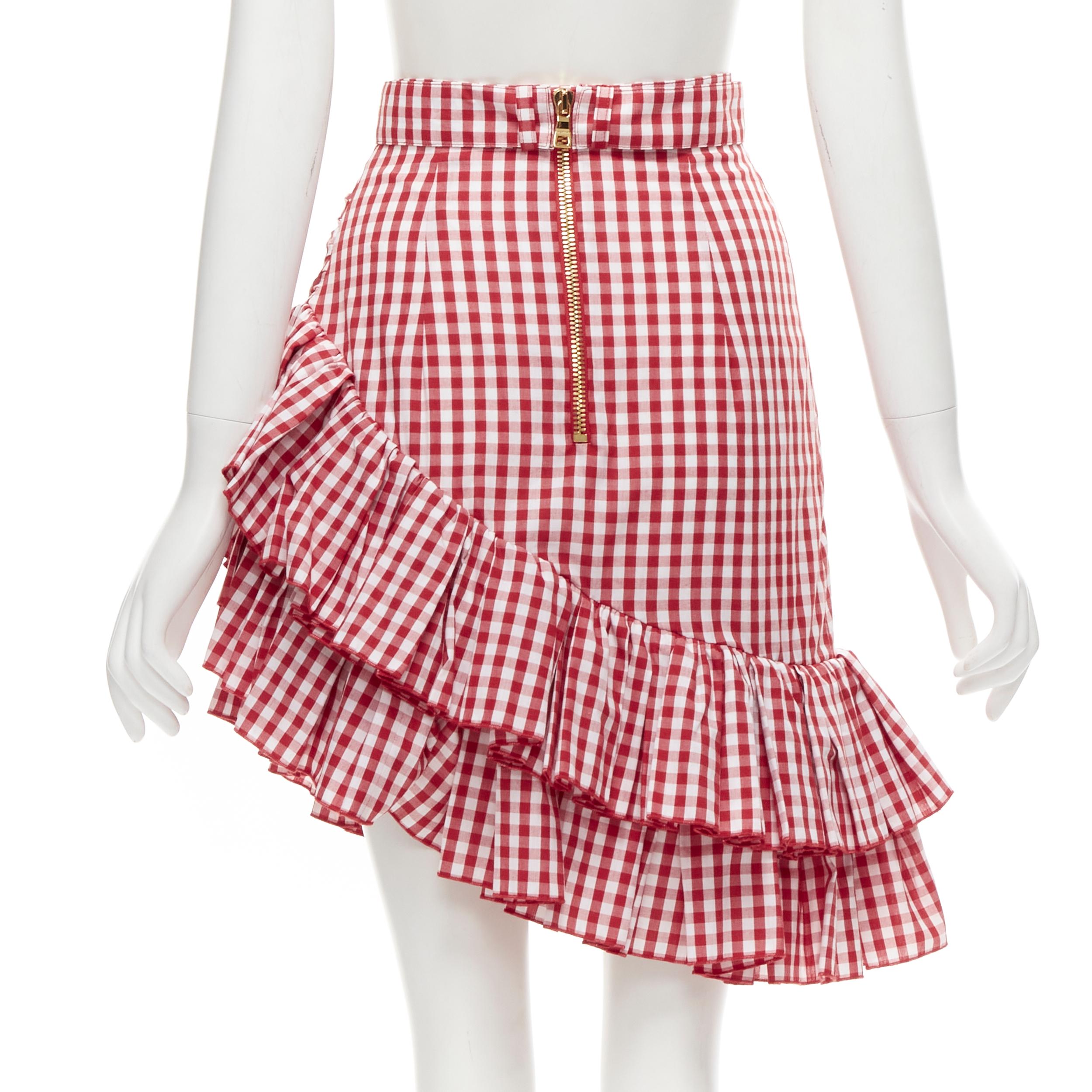 Women's BALMAIN B logo buckle red white gingham ruffled cottage skirt FR34 XS For Sale