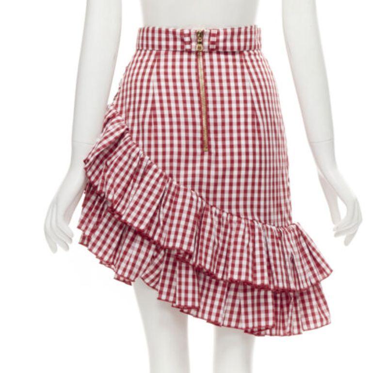 Women's BALMAIN B logo buckle red white gingham ruffled cottage skirt FR34 XS For Sale