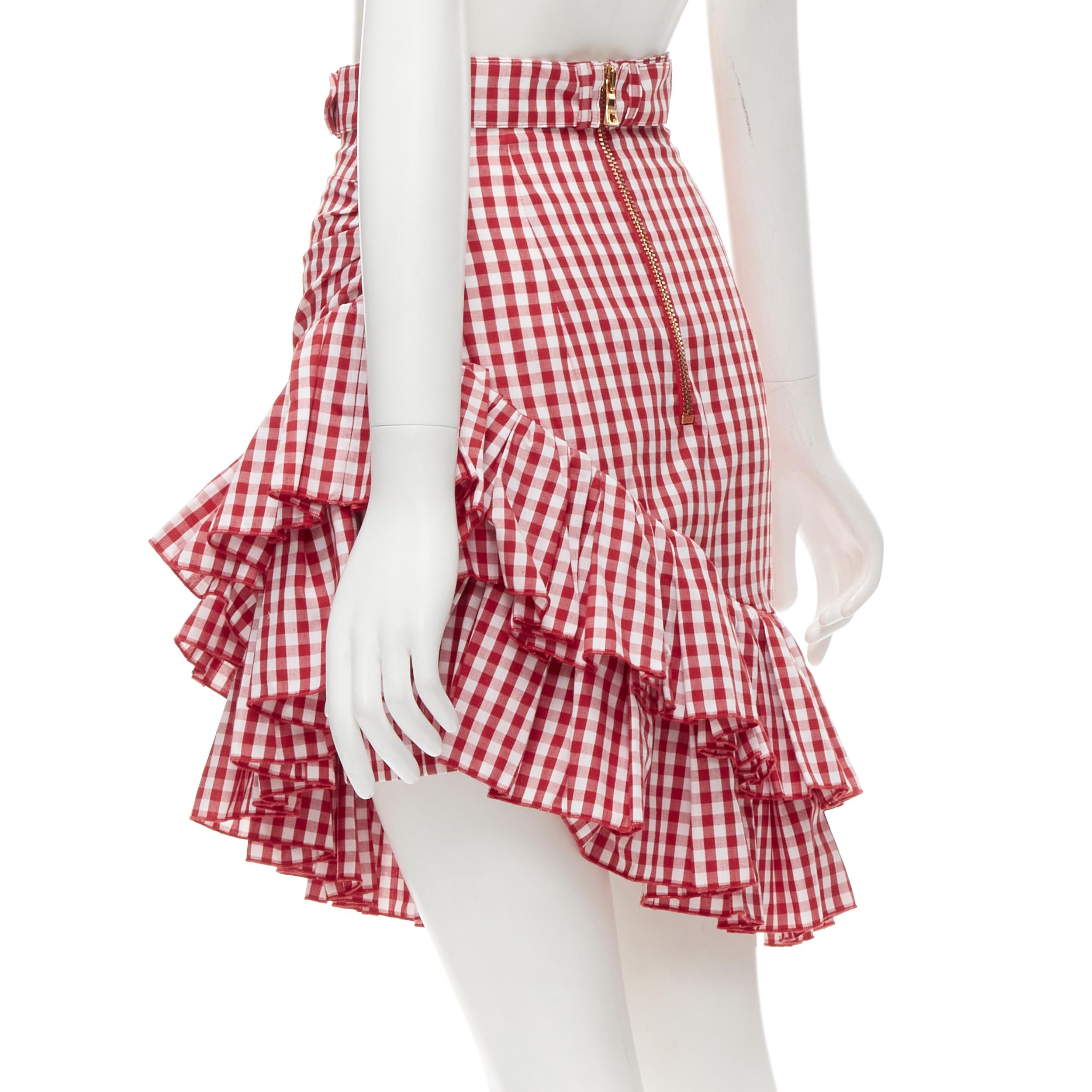 BALMAIN B logo buckle red white gingham ruffled cottage skirt FR34 XS For Sale 1