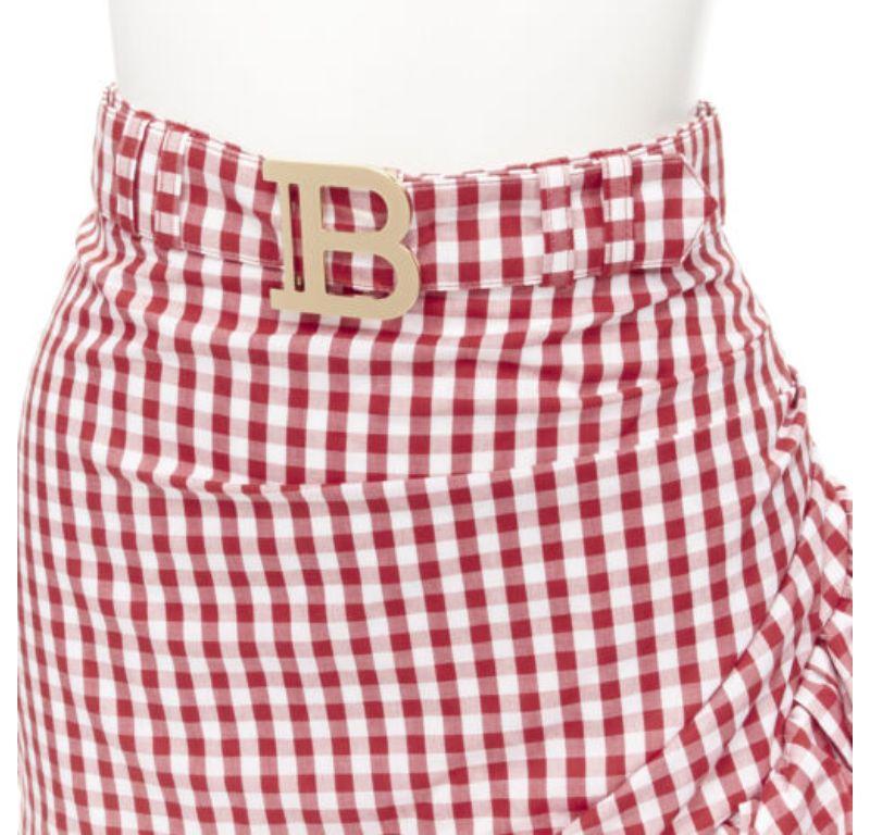 BALMAIN B logo buckle red white gingham ruffled cottage skirt FR34 XS For Sale 2