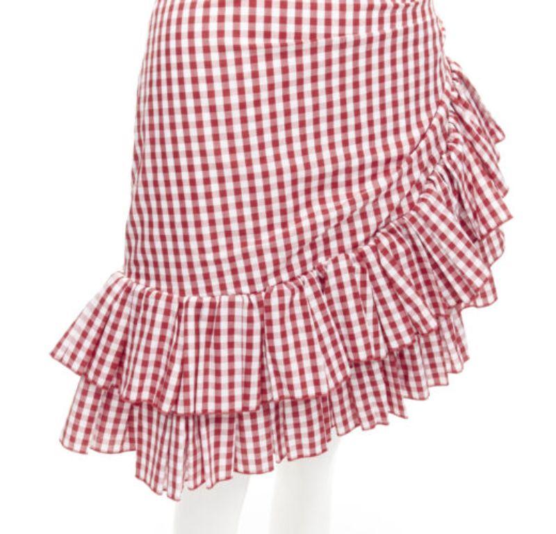 BALMAIN B logo buckle red white gingham ruffled cottage skirt FR34 XS For Sale 3