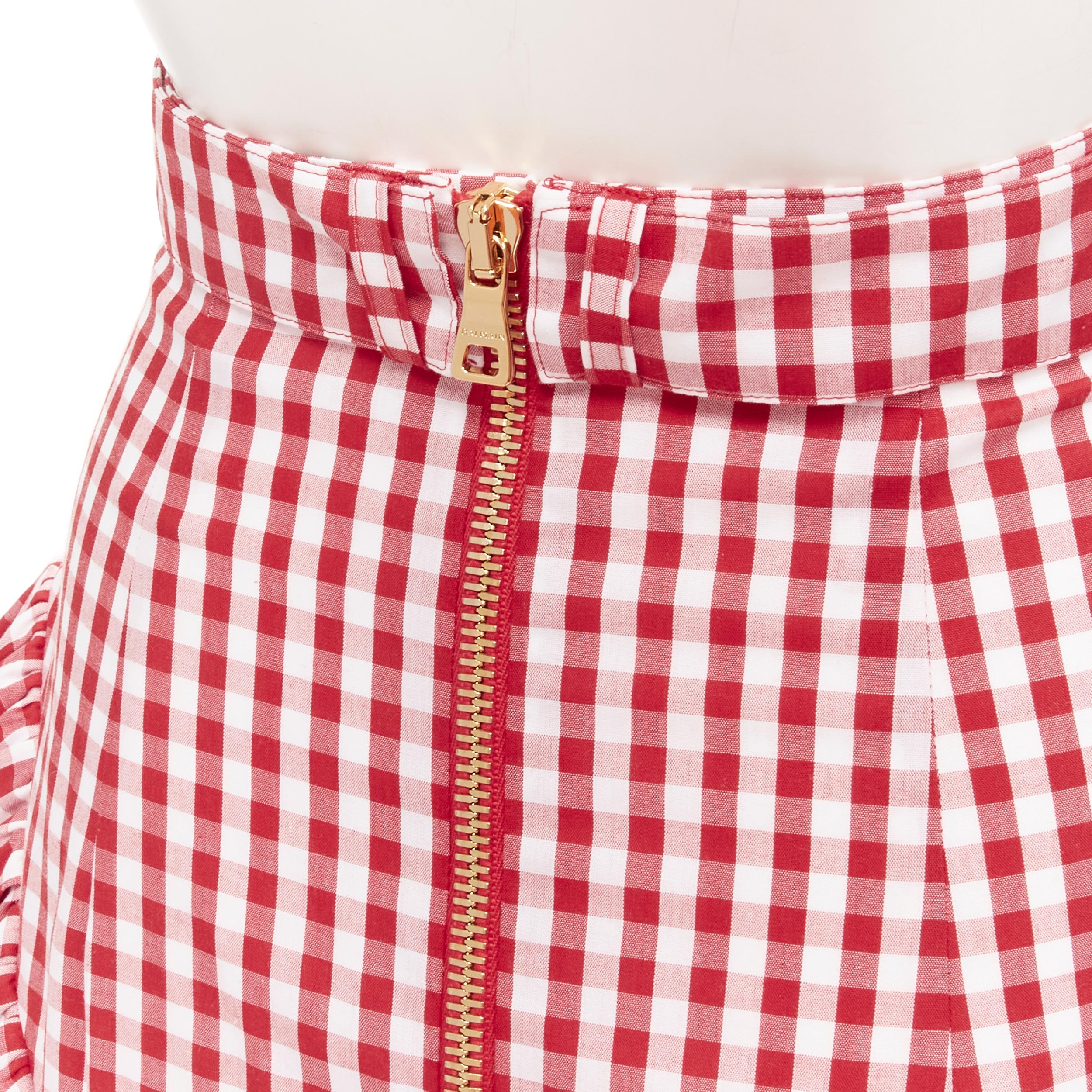BALMAIN B logo buckle red white gingham ruffled cottage skirt FR34 XS For Sale 4