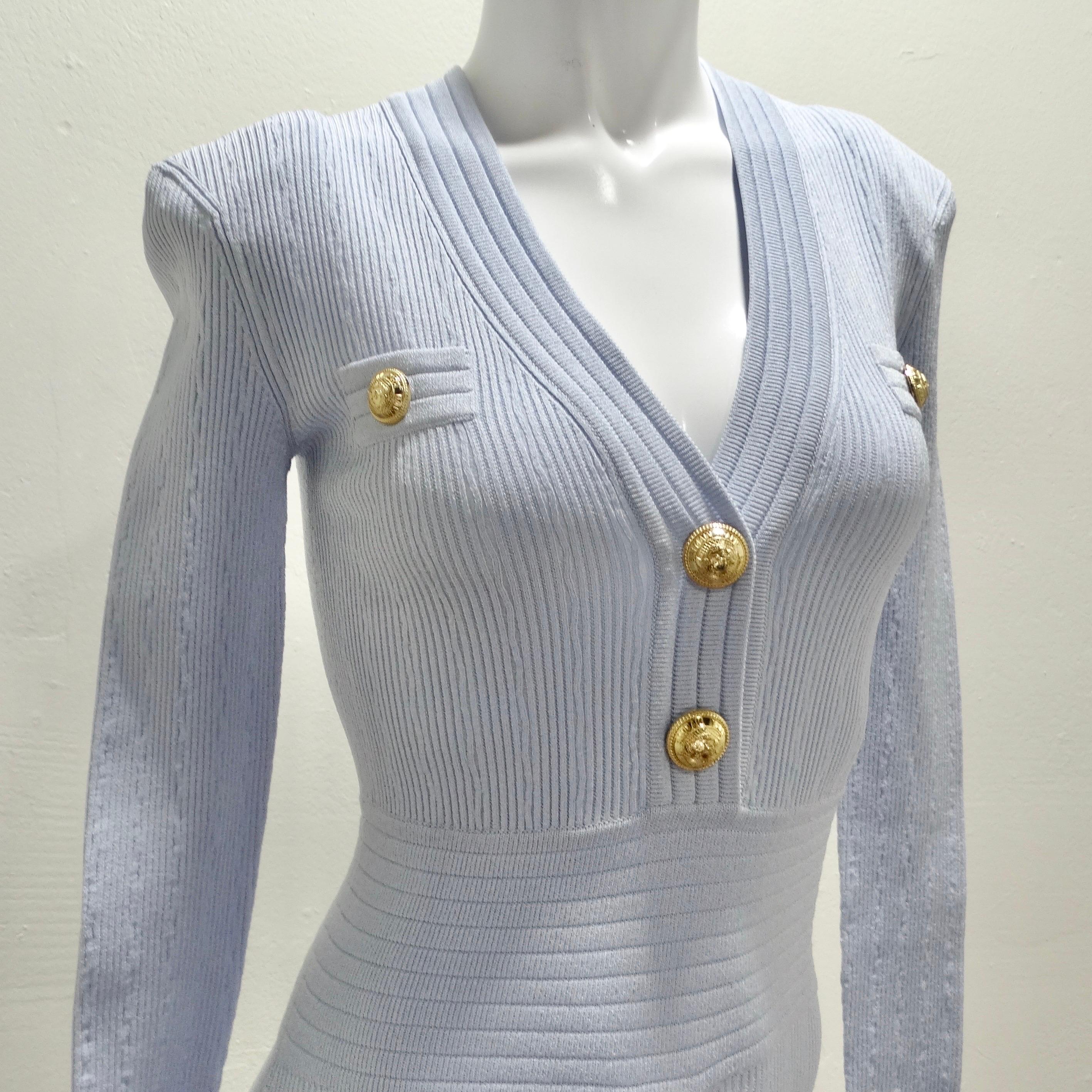 Gray Balmain Baby Blue Rib Knit Mini Dress