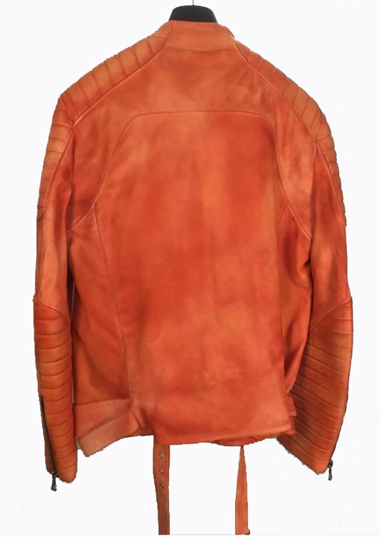 BALMAIN MEN'S ORANGE LEATHER JACKET from CELEBRITY CLOSET Size 56 3XL