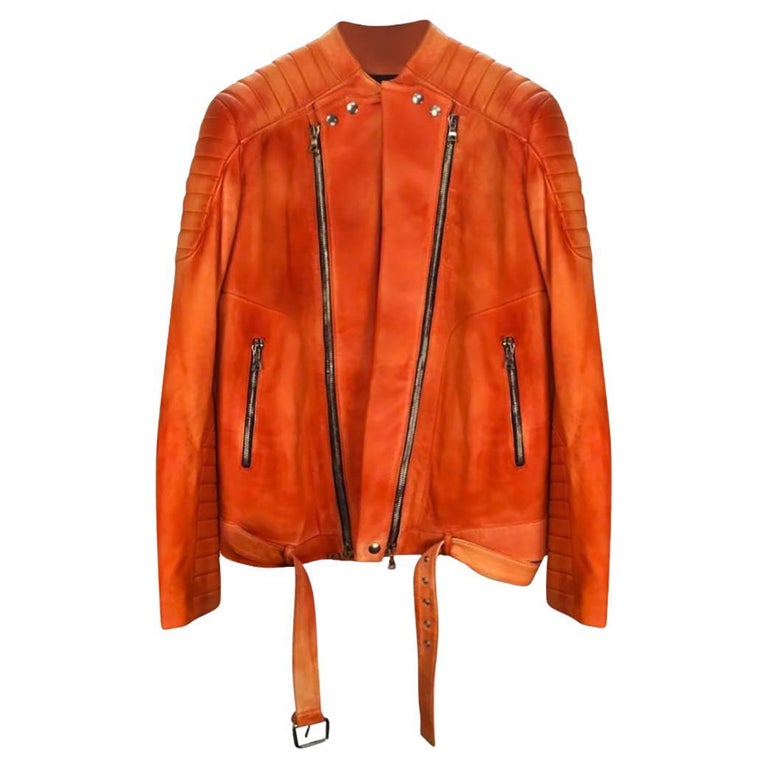 BALMAIN MEN'S ORANGE LEATHER JACKET from CELEBRITY CLOSET Size 56 3XL For Sale at 1stDibs