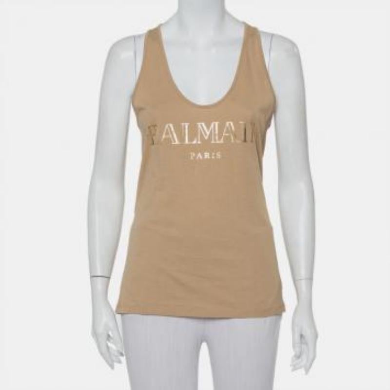 Balmain Beige Cotton Logo Printed Tank Top M For Sale 1