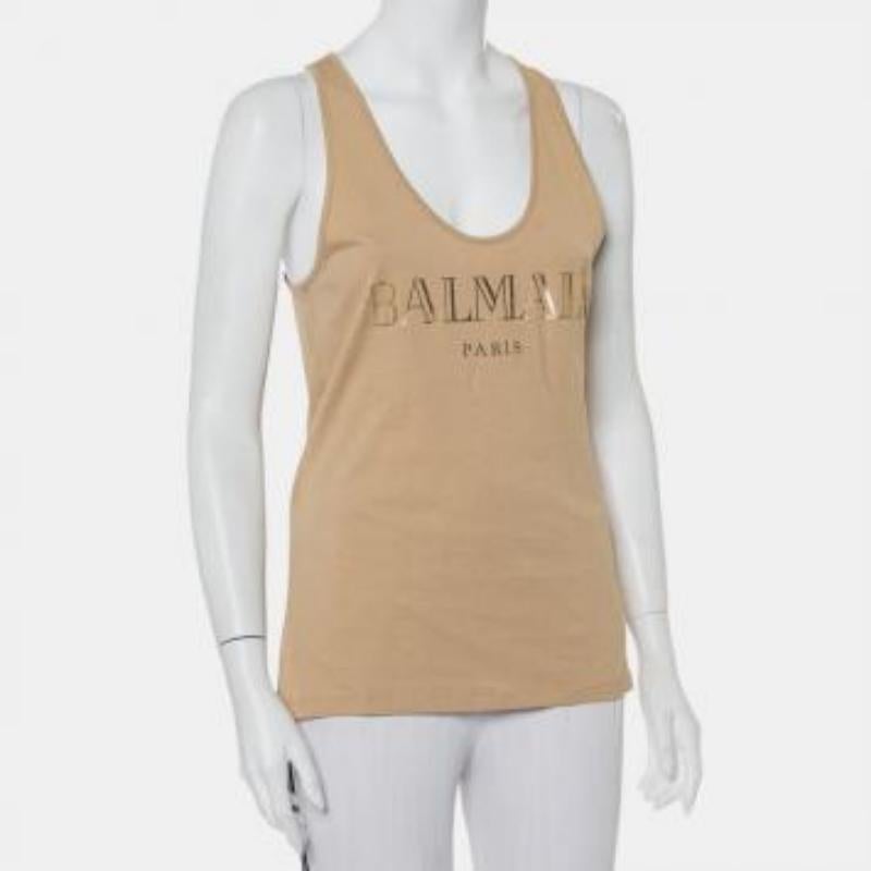Balmain Beige Cotton Logo Printed Tank Top M For Sale 2