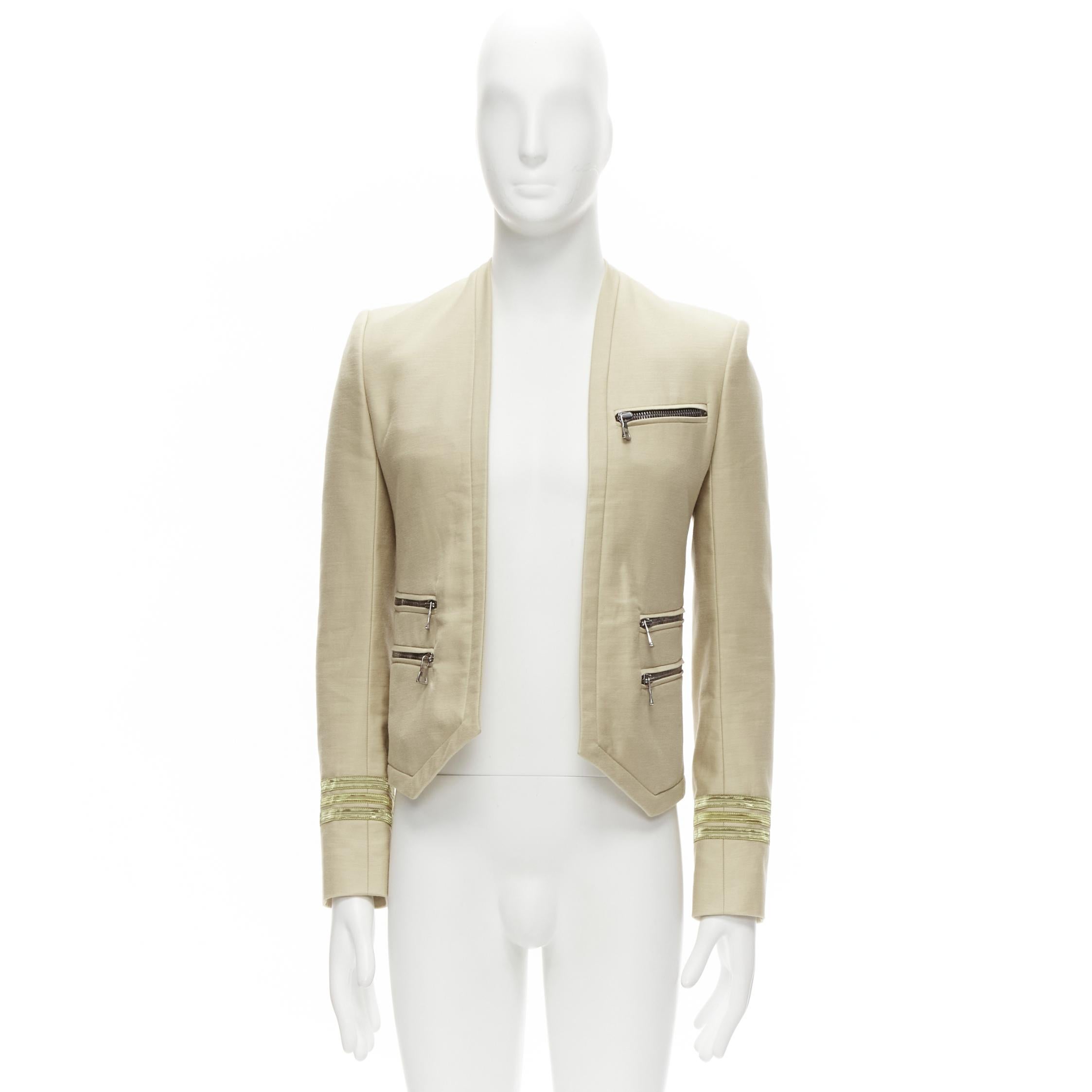 BALMAIN beige cotton military gold trim zippers cropped fitted jacket EU46 S For Sale 5