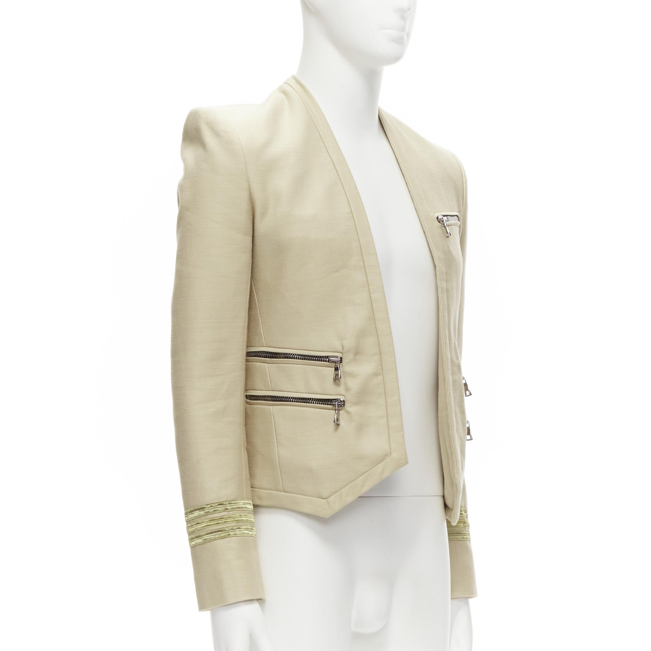 Beige BALMAIN beige cotton military gold trim zippers cropped fitted jacket EU46 S For Sale