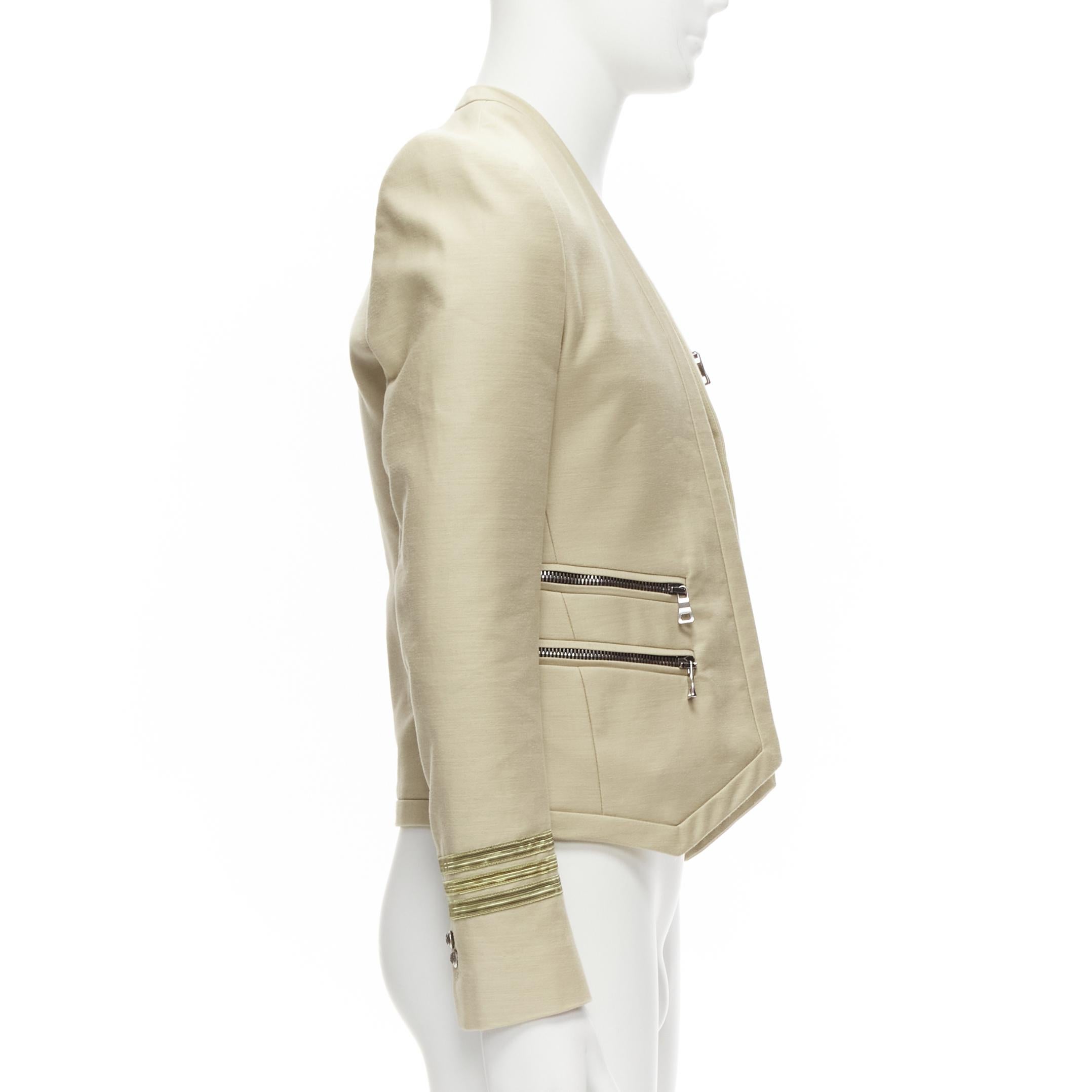 BALMAIN beige cotton military gold trim zippers cropped fitted jacket EU46 S In Good Condition For Sale In Hong Kong, NT