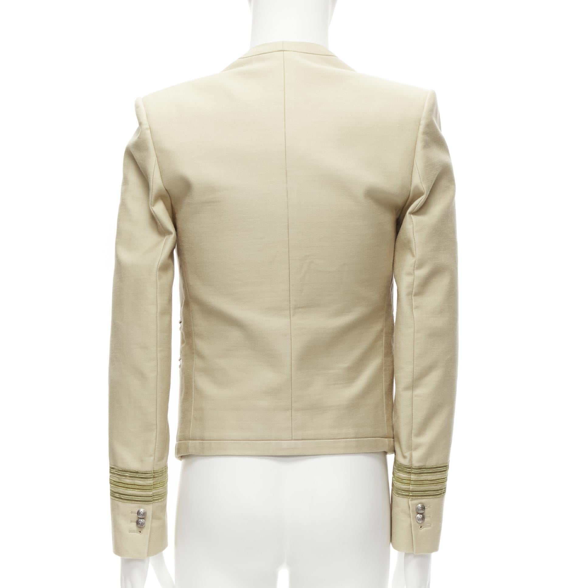 Men's BALMAIN beige cotton military gold trim zippers cropped fitted jacket EU46 S For Sale