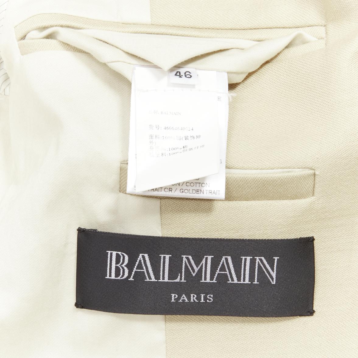Balmain - Veste cintrée en coton beige avec fermeture éclair pour officier militaire EU46 S en vente 4