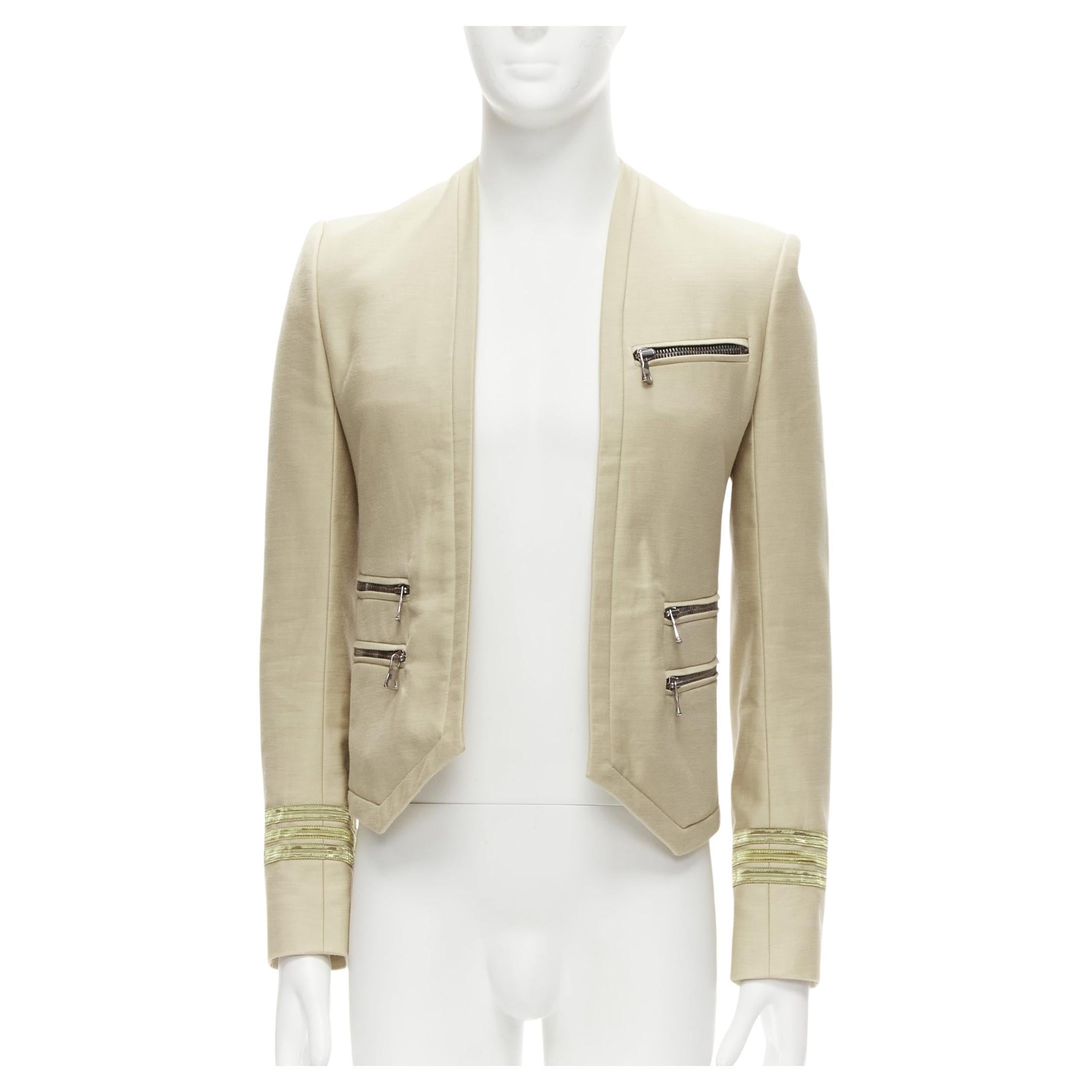 BALMAIN beige cotton military officer trim zippers cropped fitted jacket EU46 S For Sale