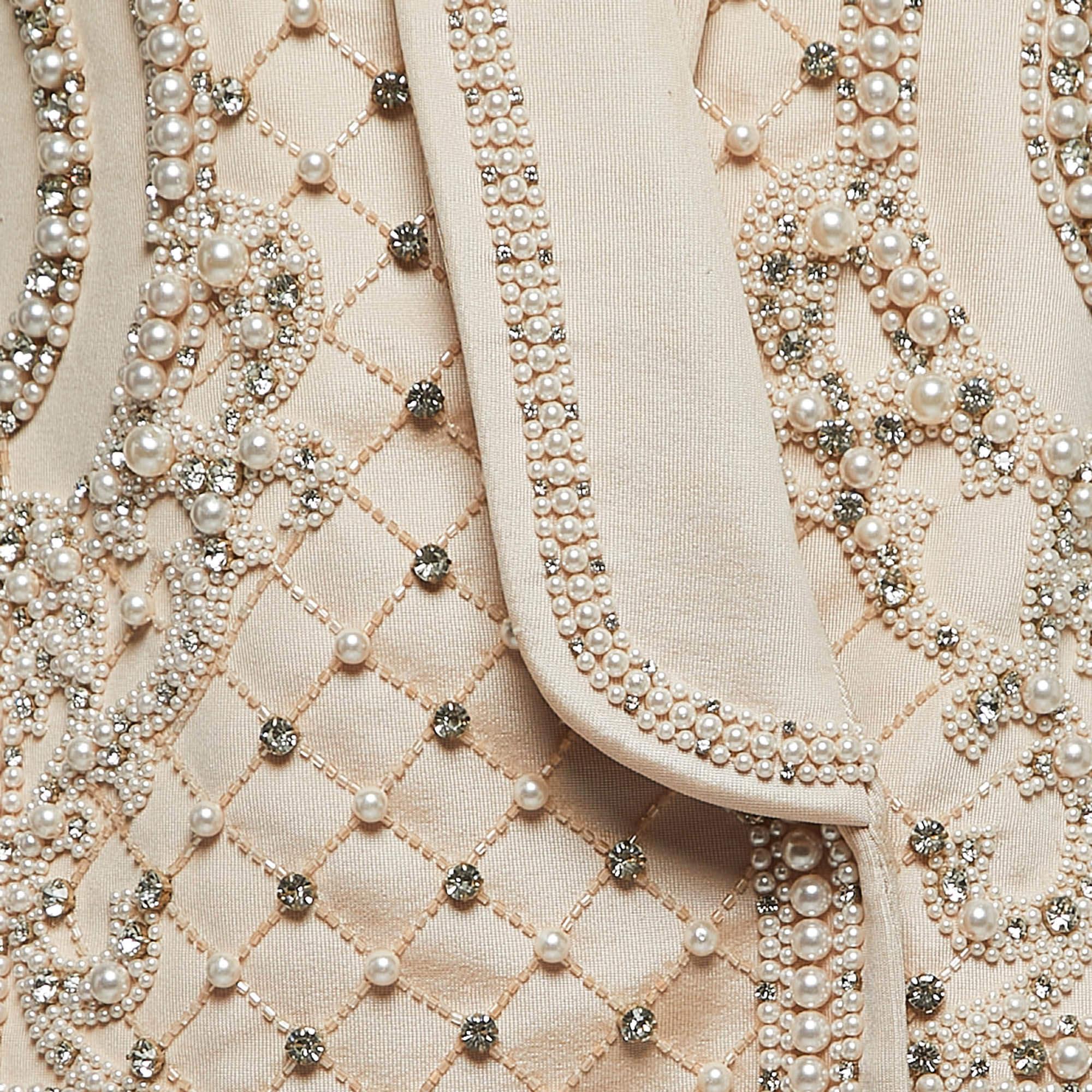 Women's Balmain Beige Crystals & Pearls Embellished Shawl Lapel Blazer M For Sale