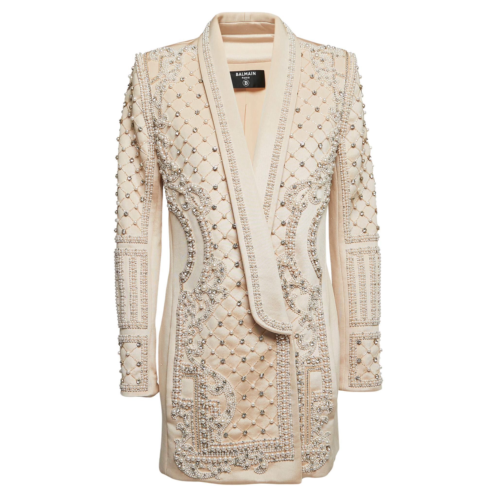 Balmain Beige Crystals & Pearls Embellished Shawl Lapel Blazer M For Sale