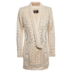 Balmain Beige Kristalle & Perlen verschönert Schal Revers Blazer M