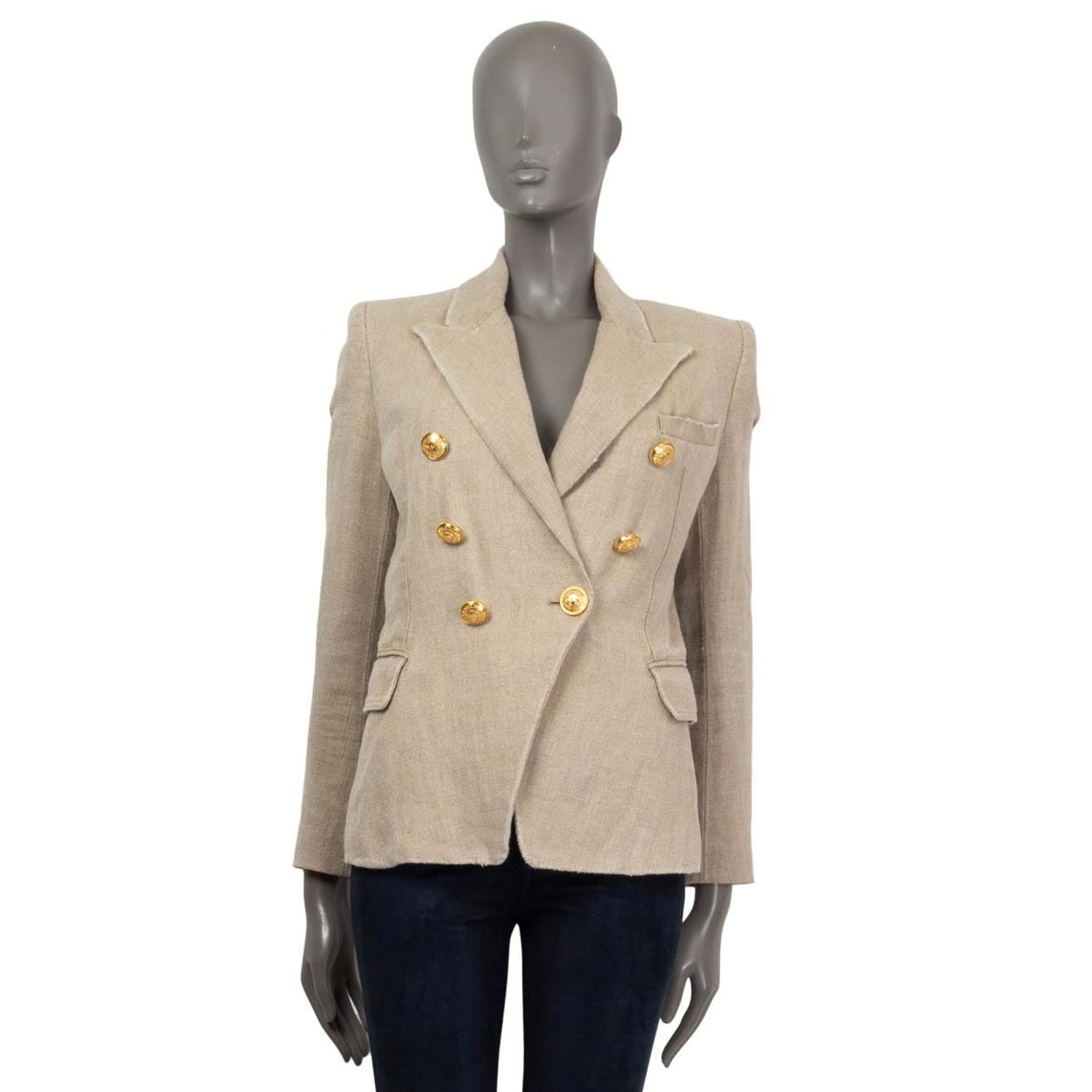 BALMAIN beige distressed linen SIGNATURE DOUBLE BREASTED Blazer Jacket 38 S  at 1stDibs