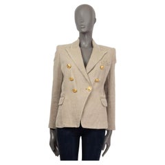 BALMAIN beige distressed linen SIGNATURE DOUBLE BREASTED Blazer Jacket 38 S