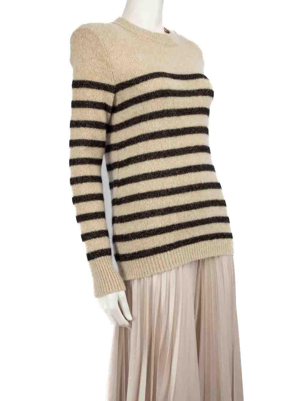 CONDITION is Very good. Hardly any visible wear to jumper is evident on this used Balmain designer resale item.
 
 
 
 Details
 
 
 Beige
 
 Wool
 
 Long sleeves jumper
 
 Round neckline
 
 Striped pattern
 
 Glitter accent
 
 Gold tone logo snap