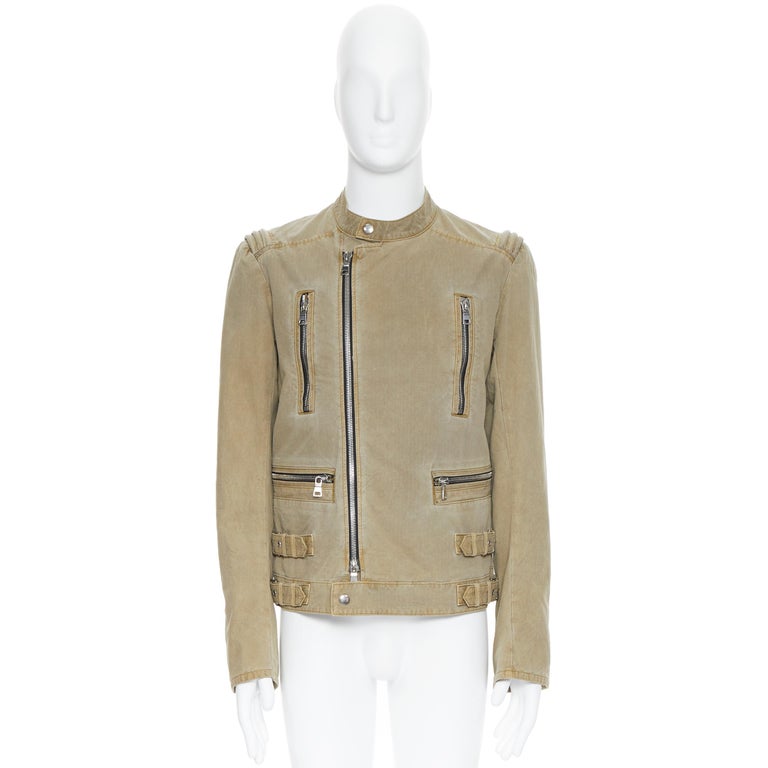 BALMAIN beige khaki washed gridwork cotton asymmetric zip biker jacket ...