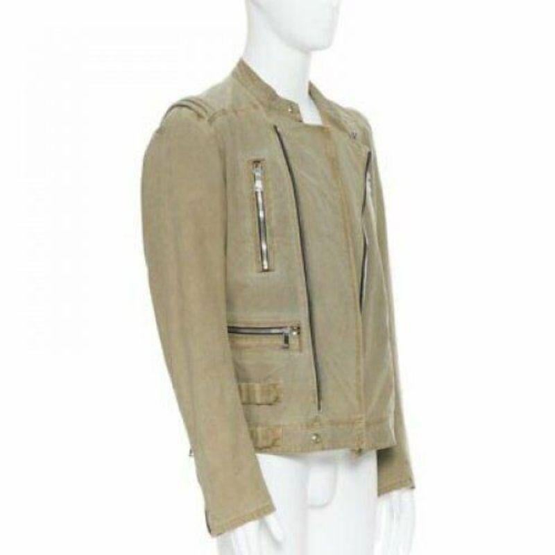 Beige BALMAIN beige khaki washed gridwork cotton asymmetric zip biker jacket L For Sale