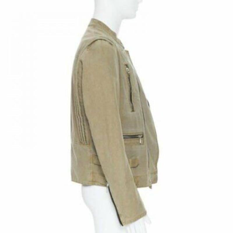 BALMAIN beige khaki washed gridwork cotton asymmetric zip biker jacket L In Good Condition In Hong Kong, NT
