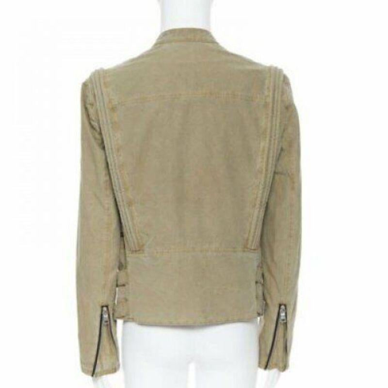 Men's BALMAIN beige khaki washed gridwork cotton asymmetric zip biker jacket L For Sale