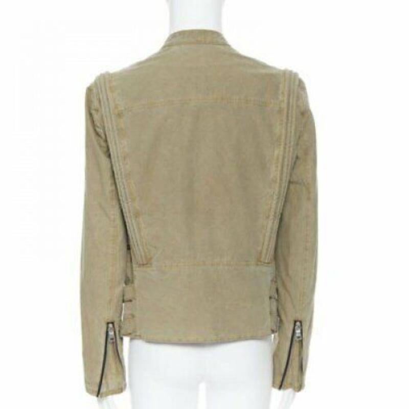 Men's BALMAIN beige khaki washed gridwork cotton asymmetric zip biker jacket L