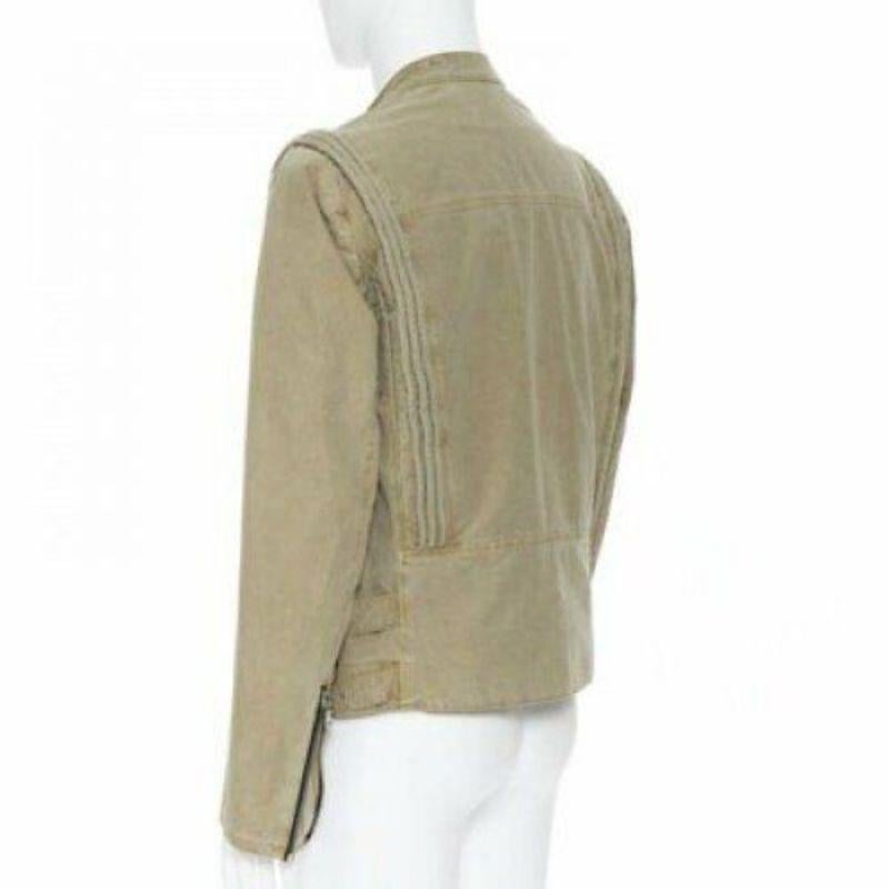 BALMAIN beige khaki washed gridwork cotton asymmetric zip biker jacket L For Sale 1