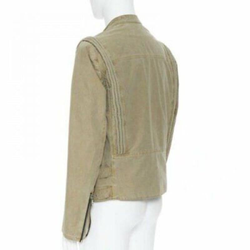 BALMAIN beige khaki washed gridwork cotton asymmetric zip biker jacket L 1