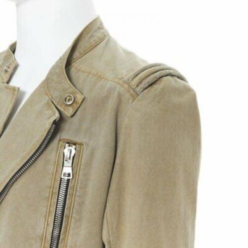 BALMAIN beige khaki washed gridwork cotton asymmetric zip biker jacket L 2