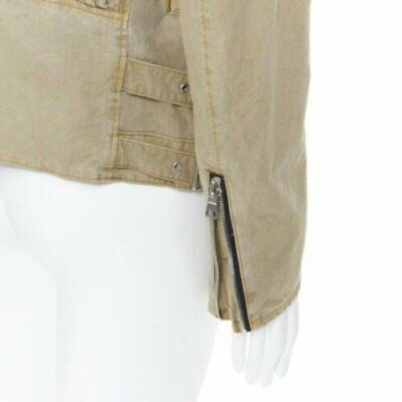 BALMAIN beige khaki washed gridwork cotton asymmetric zip biker jacket L 3