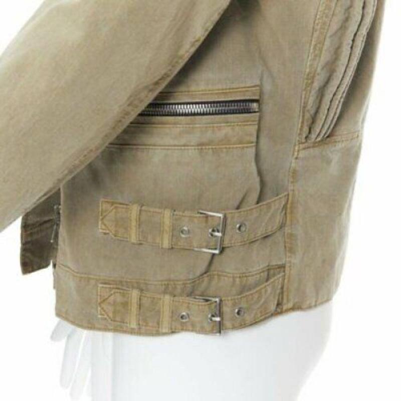 BALMAIN beige khaki washed gridwork cotton asymmetric zip biker jacket L 4