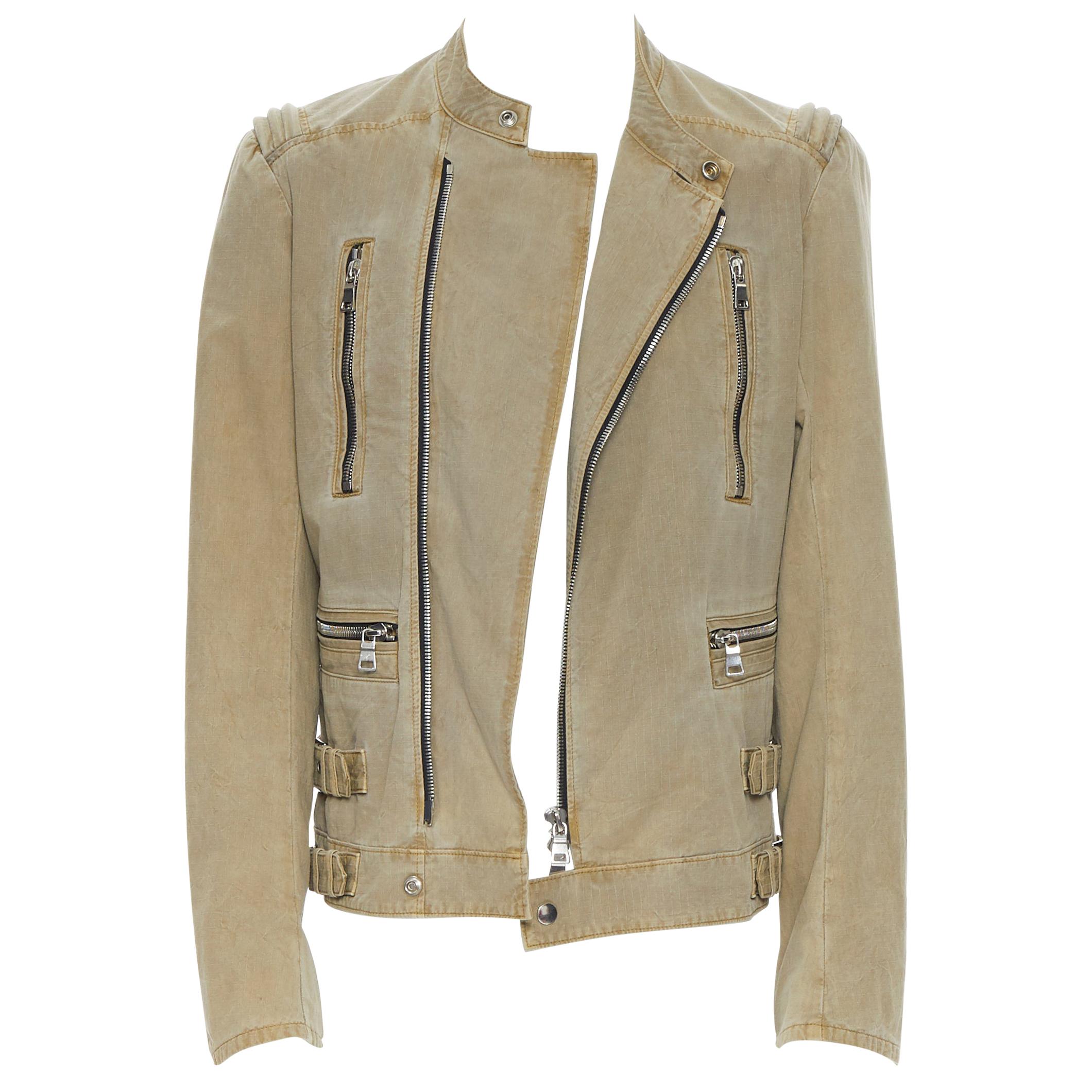 BALMAIN beige khaki washed gridwork asymmetric zip biker jacket L For Sale 1stDibs