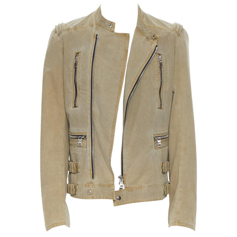 BALMAIN beige washed gridwork cotton biker jacket L at