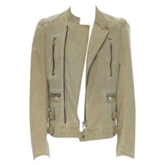 BALMAIN beige khaki washed gridwork cotton asymmetric zip biker jacket L