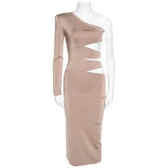 Balmain Beige Knit One Shoulder Cutout Fitted Dress M