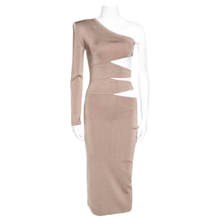 Balmain Beige Knit One Shoulder Cutout Fitted Dress M For Sale at 1stDibs