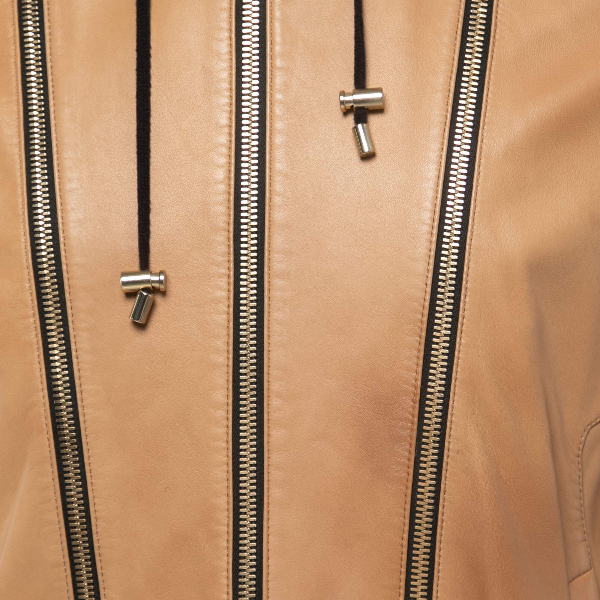 Balmain Beige Lambskin Leather Hooded Jacket  In Good Condition For Sale In Dubai, Al Qouz 2