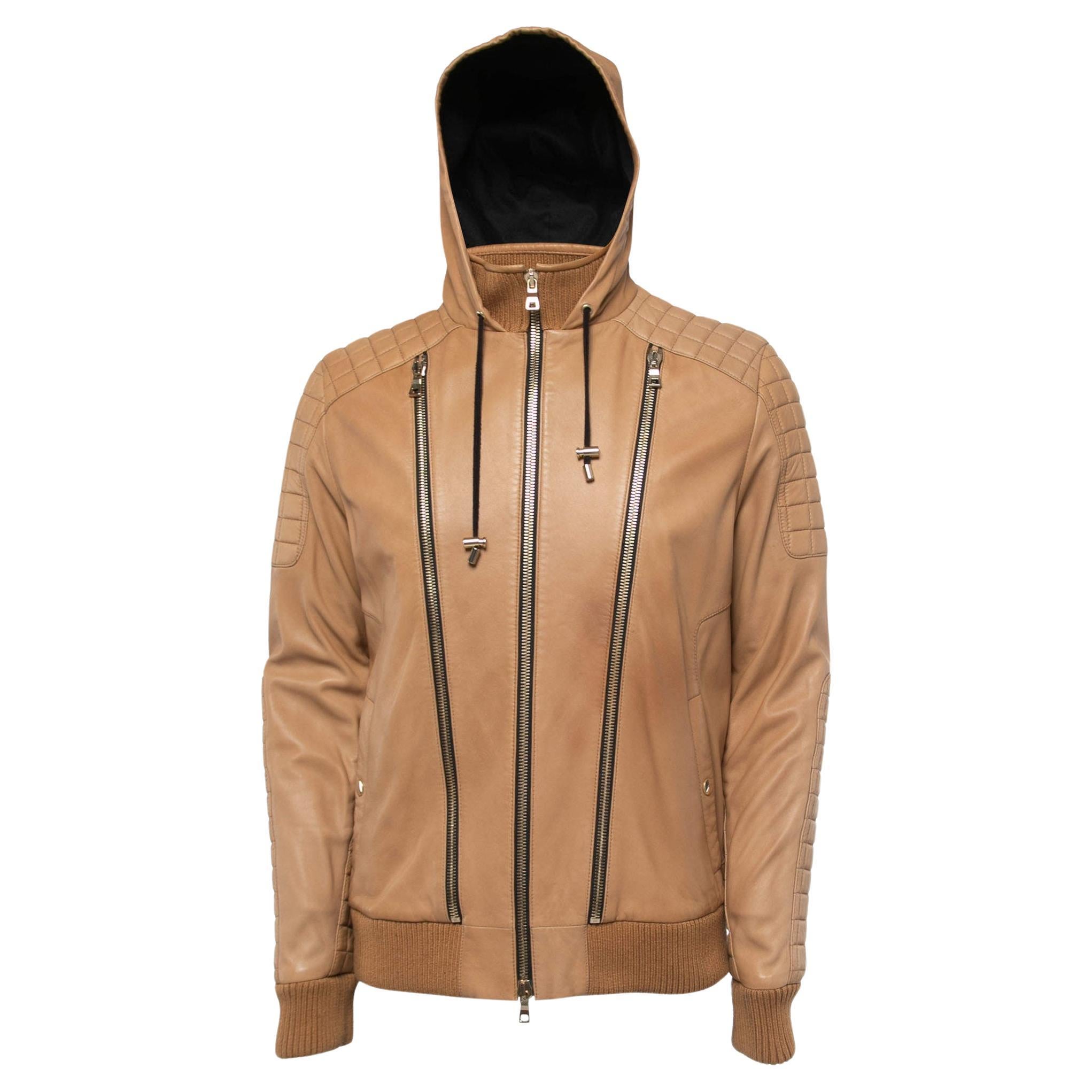 Balmain Beige Lambskin Leather Hooded Jacket  For Sale