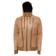 Used Balmain Beige Lambskin Leather Hooded Jacket 
